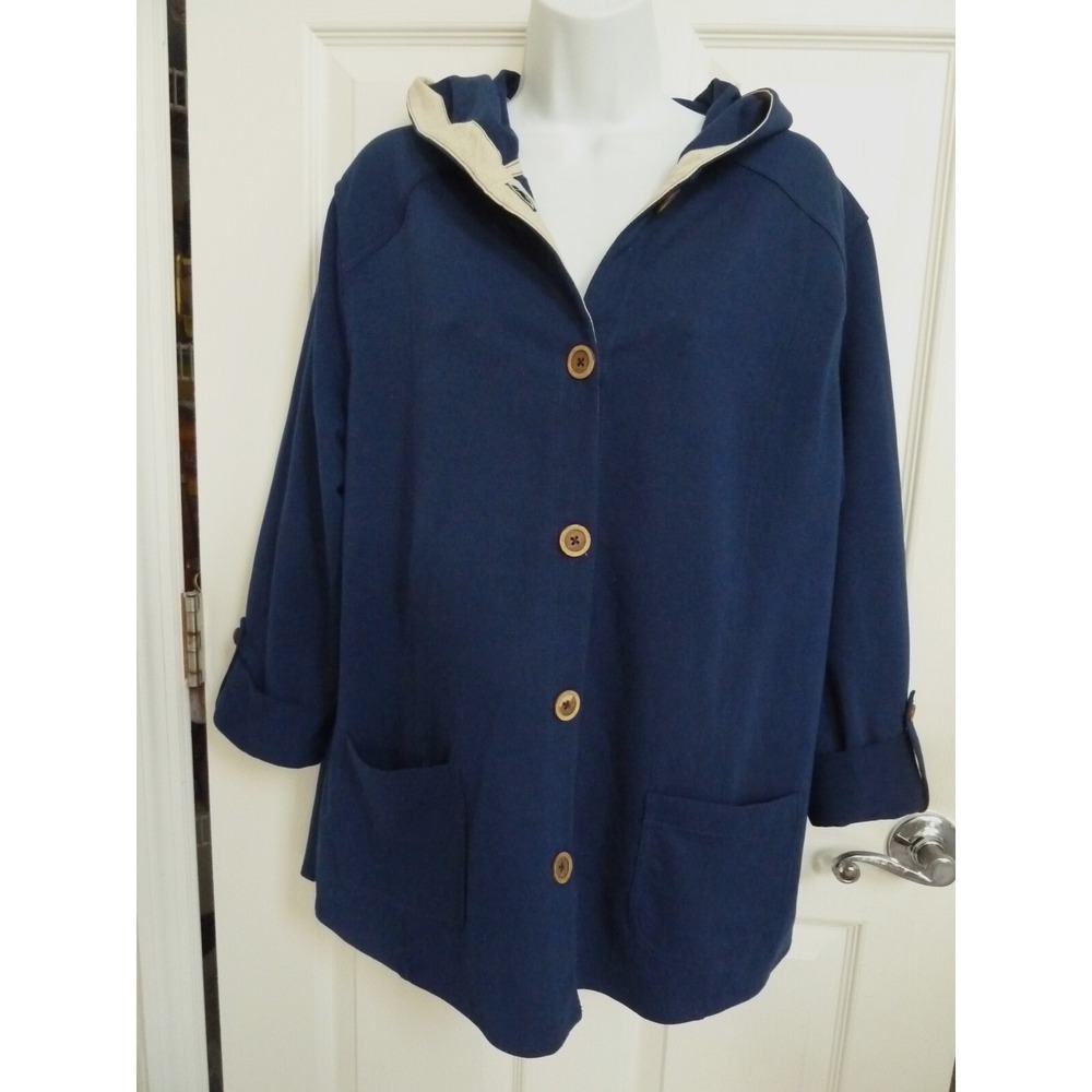 Susan Graver Blue Hooded Spring Barn Jacket Cuffed Sleeve L 14/16